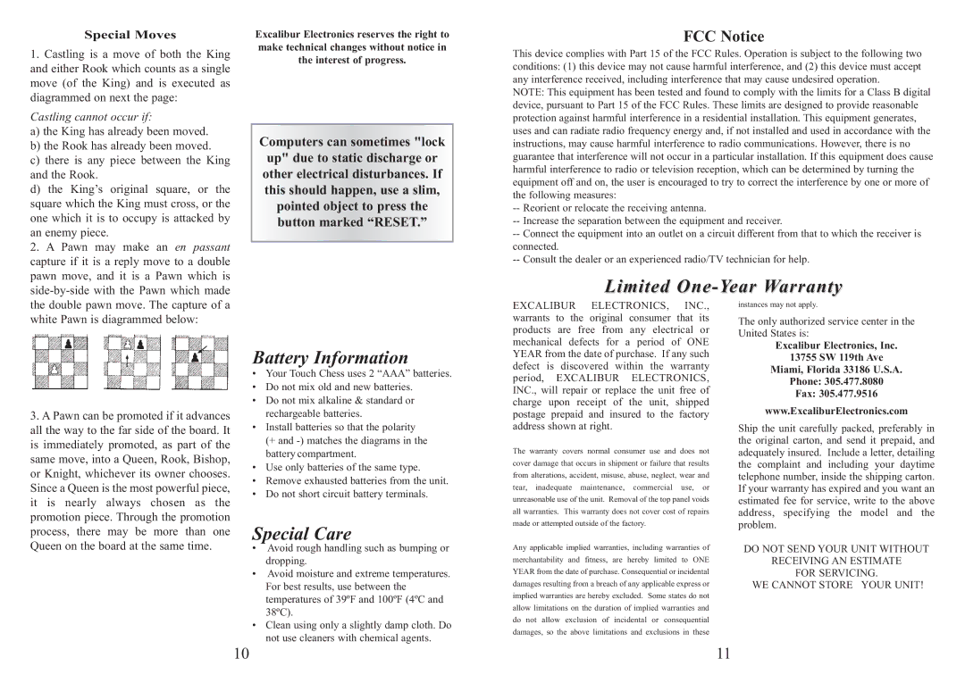 Excalibur electronic 404ET-CC manual Special Moves, Castling cannot occur if 