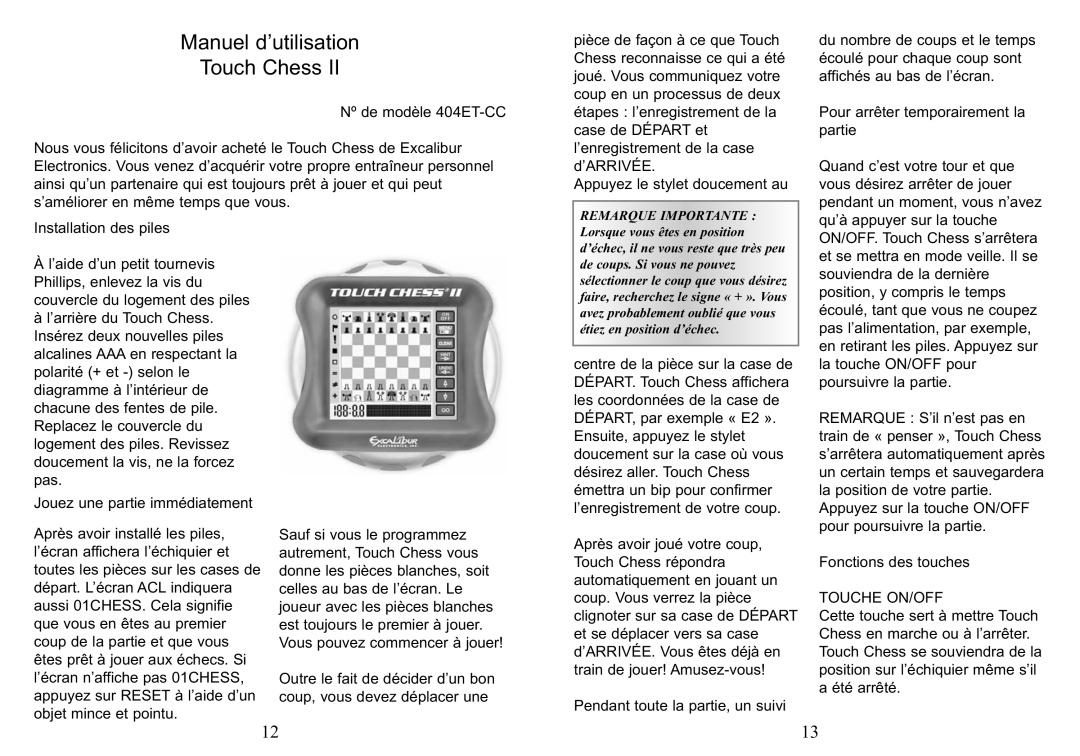 Excalibur electronic 404ET-CC manual Manuel d’utilisation Touch Chess, Touche ON/OFF 