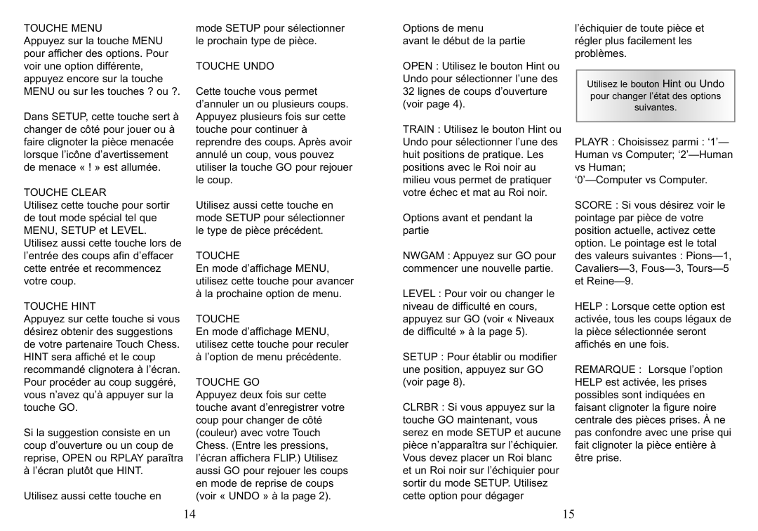 Excalibur electronic 404ET-CC manual Touche Menu, Touche Clear, Touche Hint, Touche Undo, Touche GO 