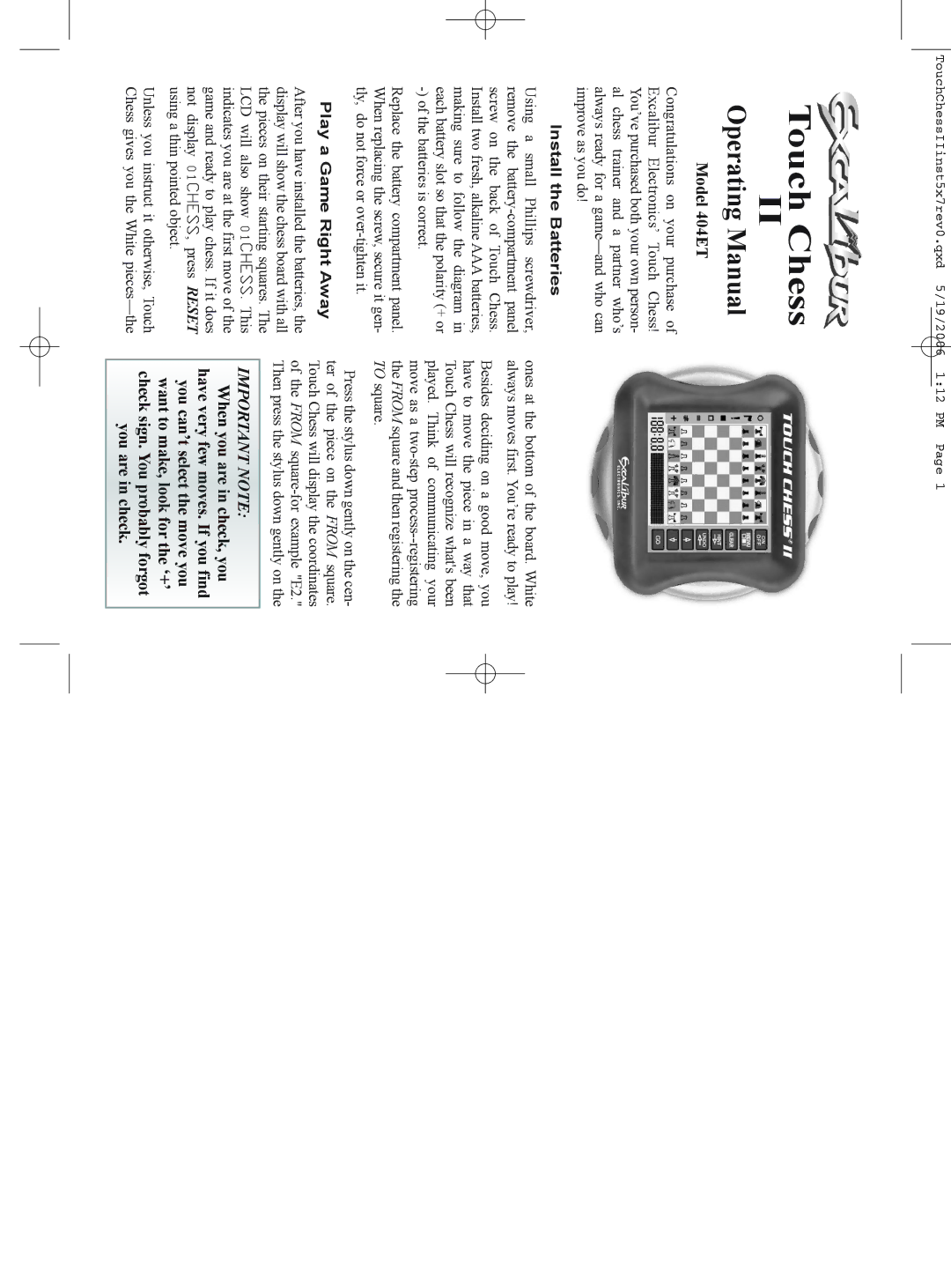 Excalibur electronic 404ET manual Install the Batteries, Play a Game Right Away 