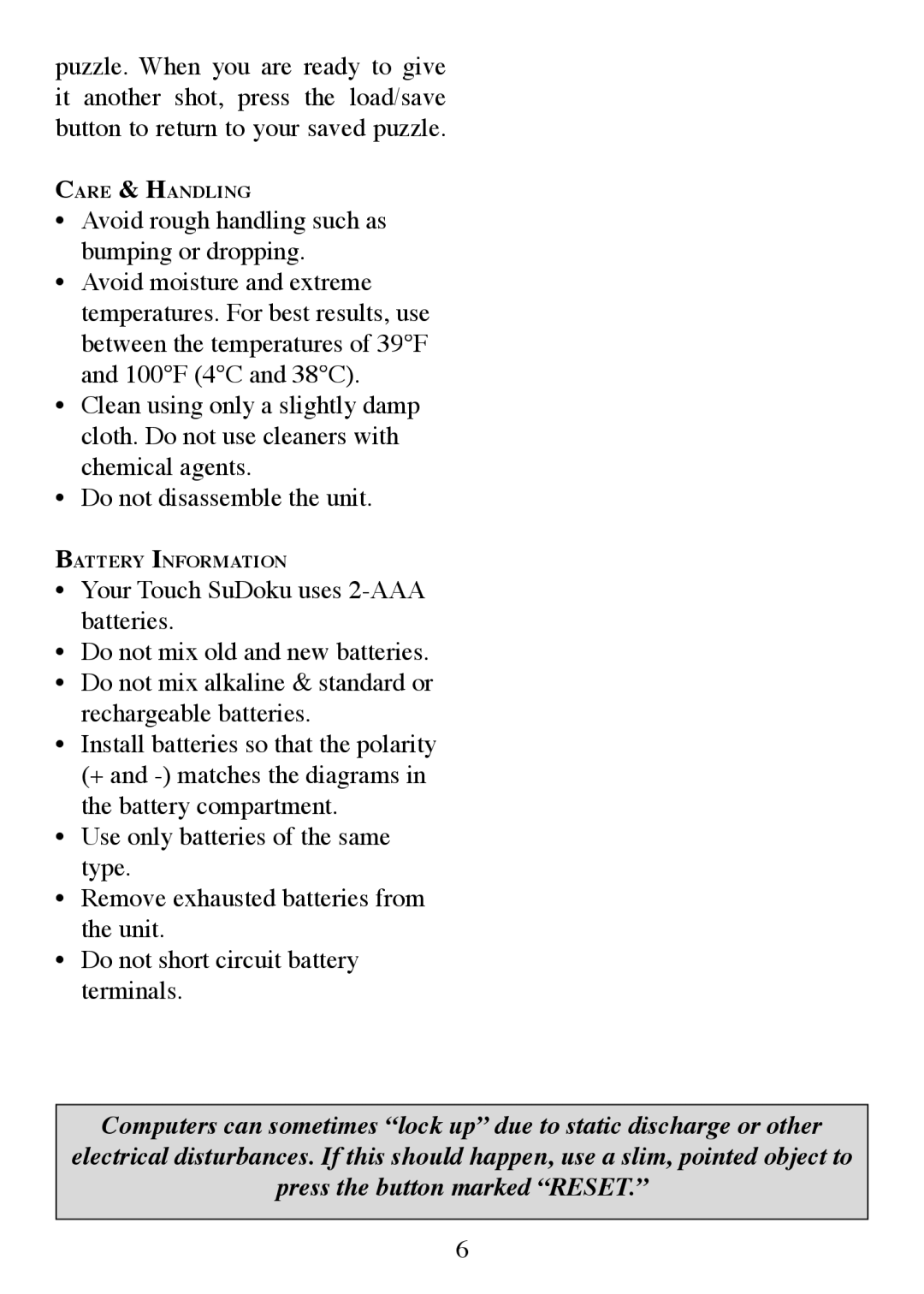 Excalibur electronic 453 manual Care & Handling 