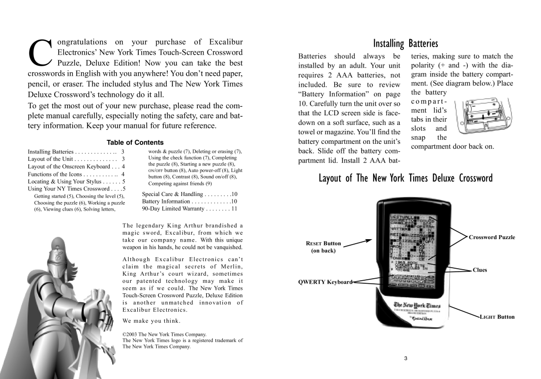 Excalibur electronic 455D manual Installing Batteries, Table of Contents 