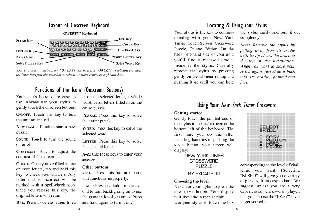 Excalibur electronic 455D manual Locating & Using Your Stylus, NEW York Times Crossword Puzzle By Excalibur 