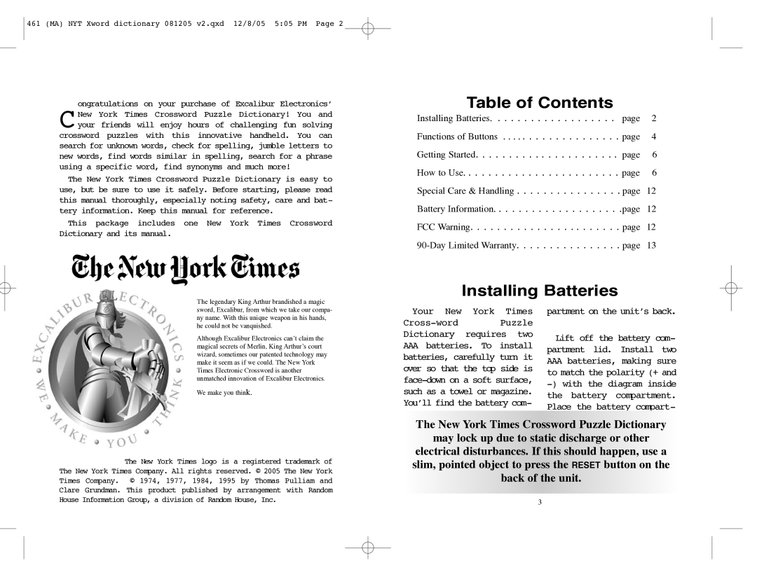 Excalibur electronic 461 manual Table of Contents 