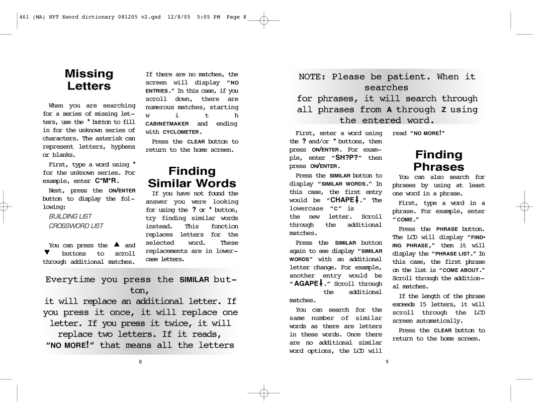 Excalibur electronic 461 manual Missing Letters, Finding Similar Words, Phrases 