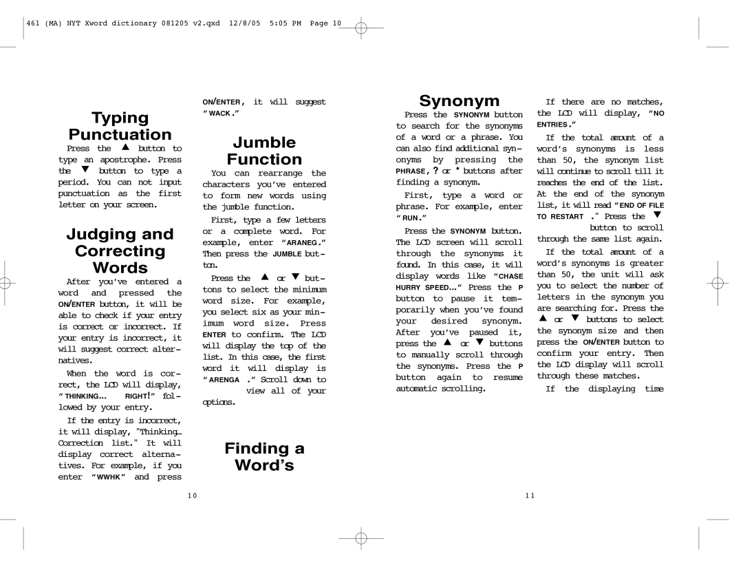 Excalibur electronic 461 manual Typing Punctuation, Judging Correcting Words, Jumble Function, Finding a Word’s Synonym 