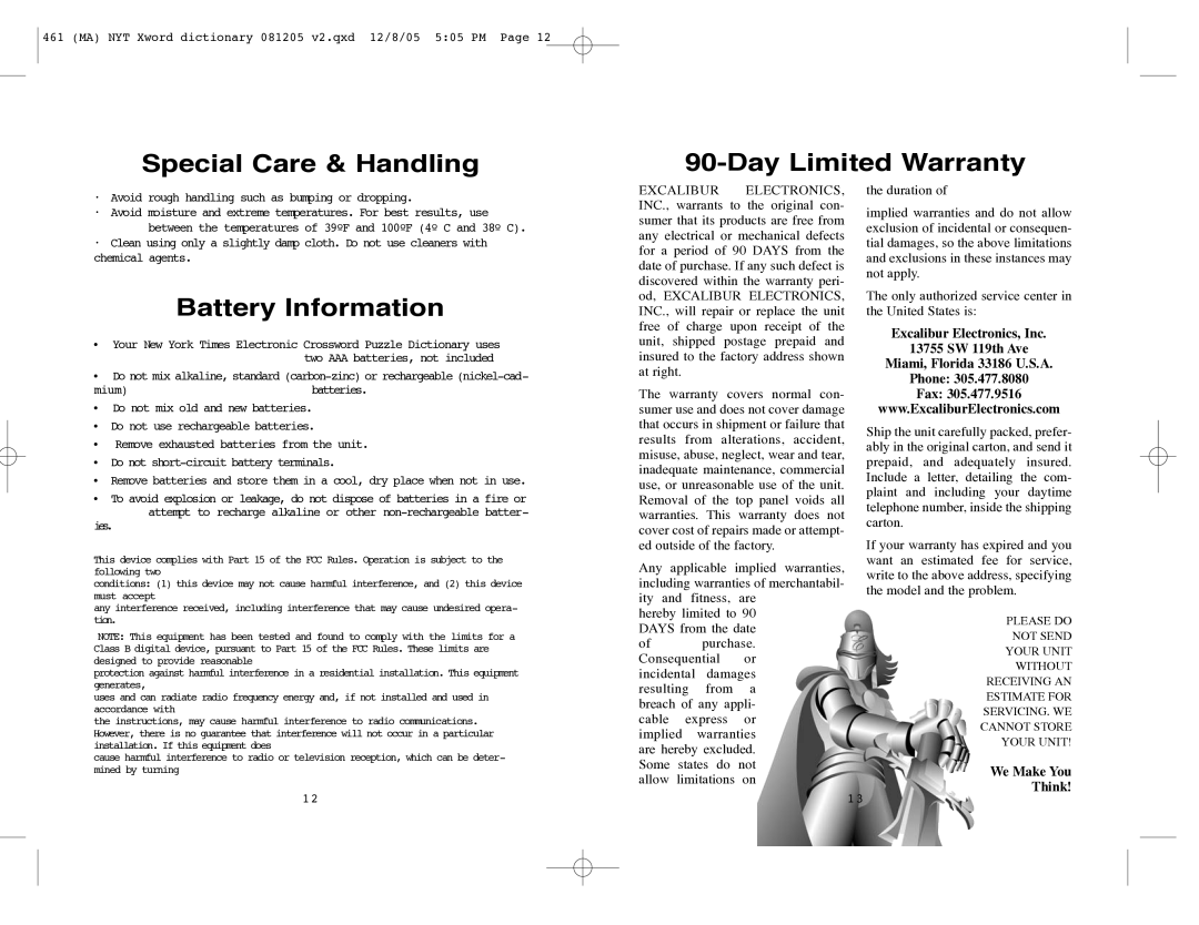 Excalibur electronic 461 manual Special Care & Handling Day Limited Warranty, Battery Information 