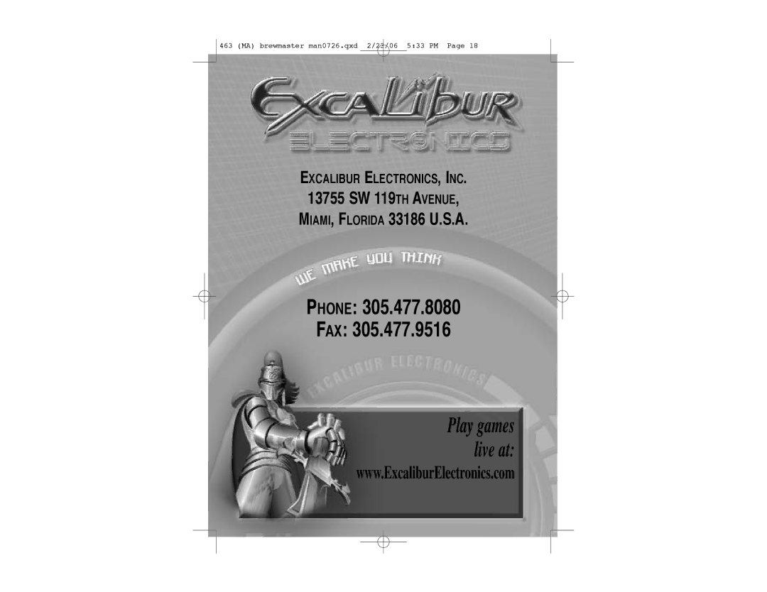 Excalibur electronic 463 manual Phone FAX 