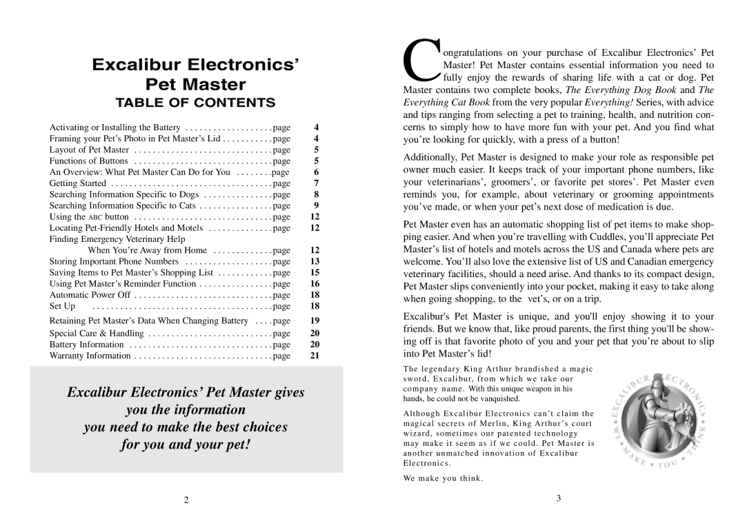 Excalibur electronic 464 manual Excalibur Electronics’ Pet Master, Table of Contents 