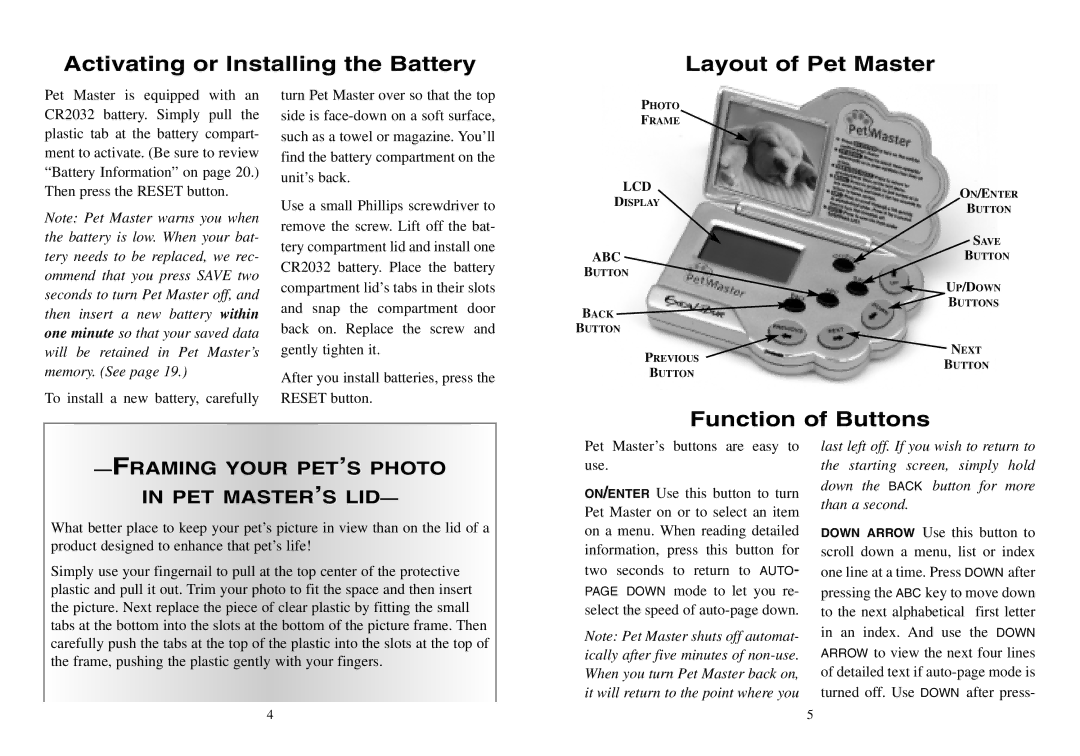 Excalibur electronic 464 manual Activating or Installing the Battery Layout of Pet Master 