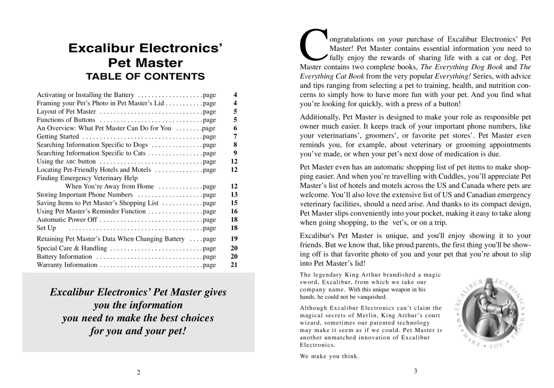 Excalibur electronic 464 manual Table Of Contents, Excalibur Electronics’ Pet Master 