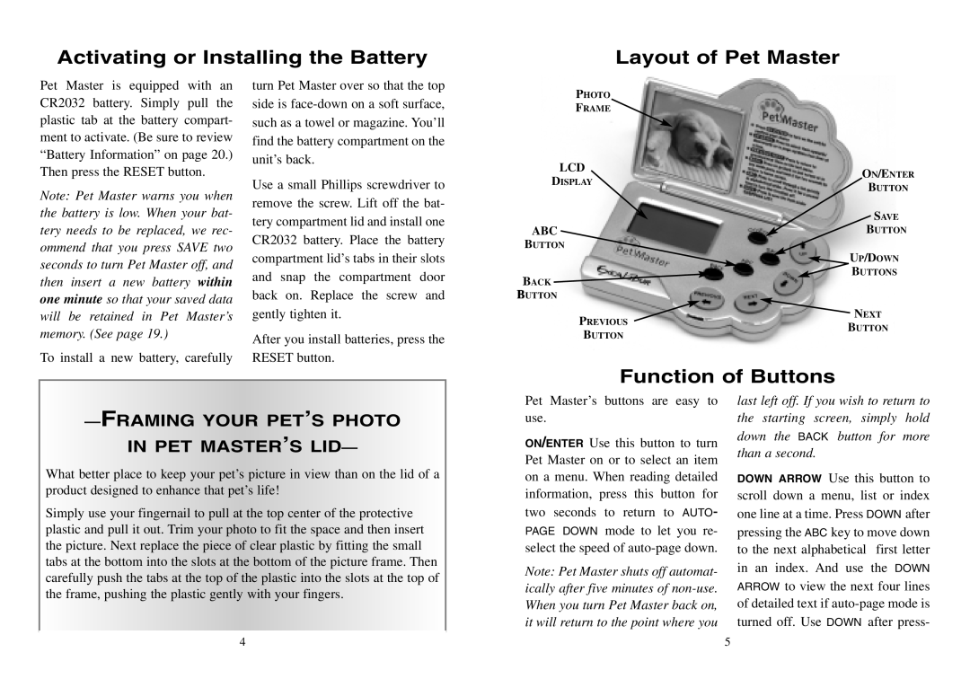 Excalibur electronic 464 manual Framing Your Pet’S Photo In Pet Master’S Lid, Activating or Installing the Battery 