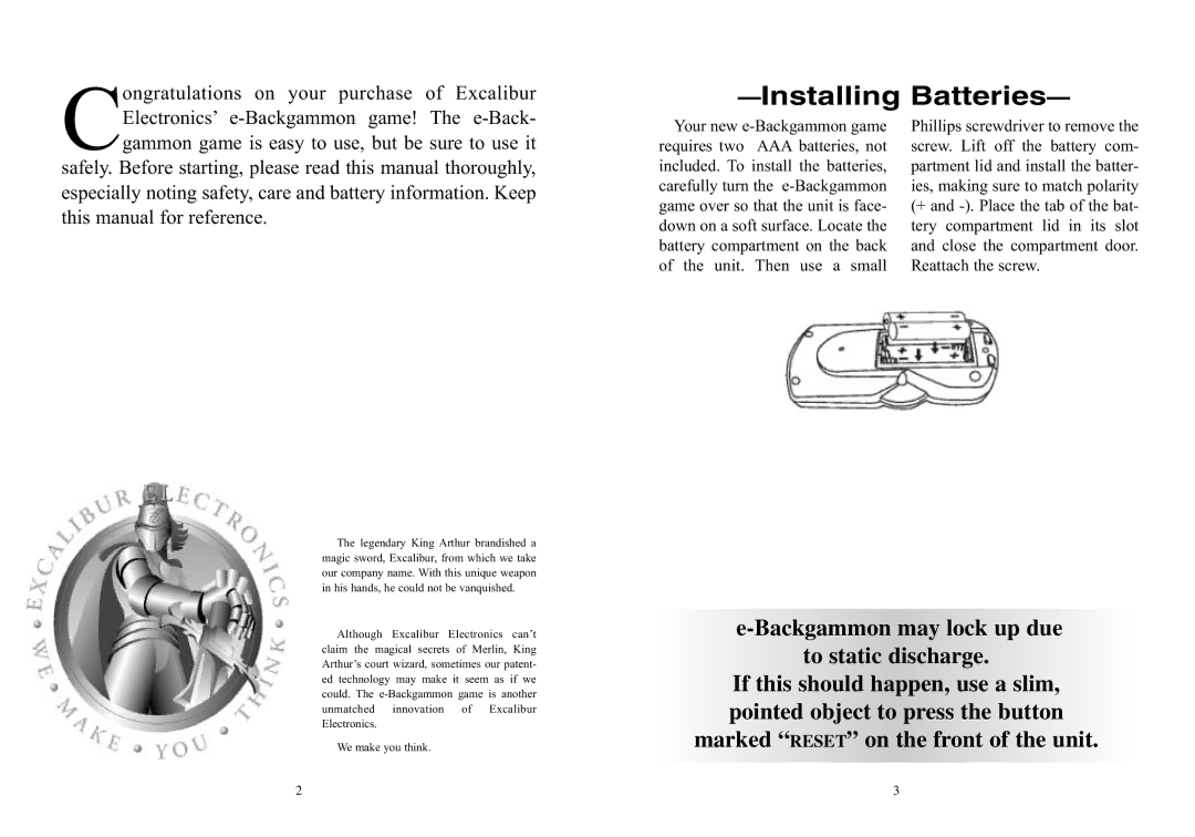 Excalibur electronic 477 manual Installing Batteries, Backgammon may lock up due to static discharge 