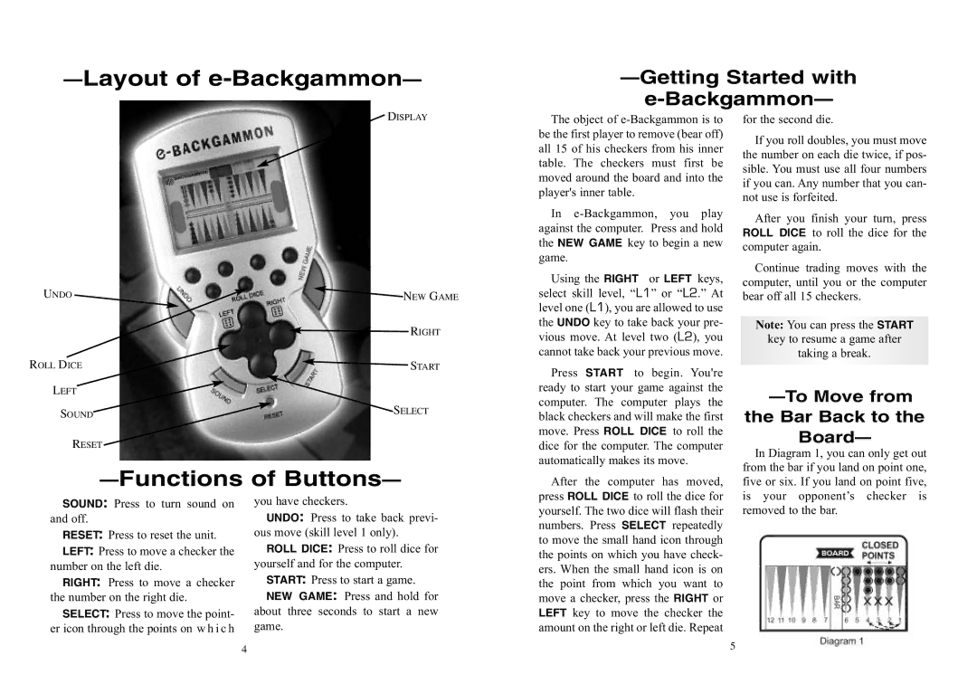 Excalibur electronic 477 manual Layout of e-Backgammon, Functions of Buttons, Getting Started with Backgammon 