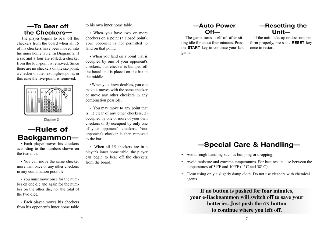 Excalibur electronic 477 manual Special Care & Handling, To Bear off Checkers, Auto Power Off, Resetting Unit 