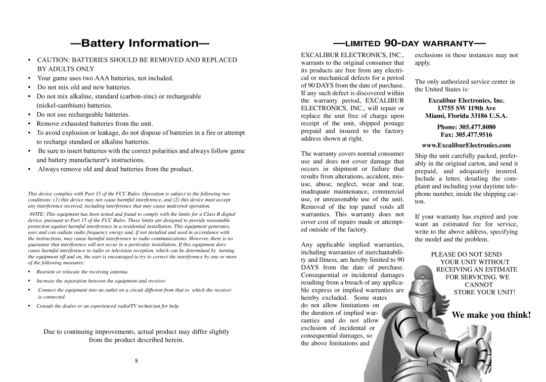 Excalibur electronic 477 manual Battery Information, Limited 90-DAY Warranty 