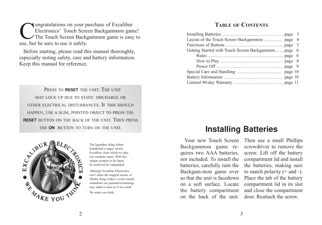 Excalibur electronic 477ET-CS manual Installing Batteries, Table of Contents 