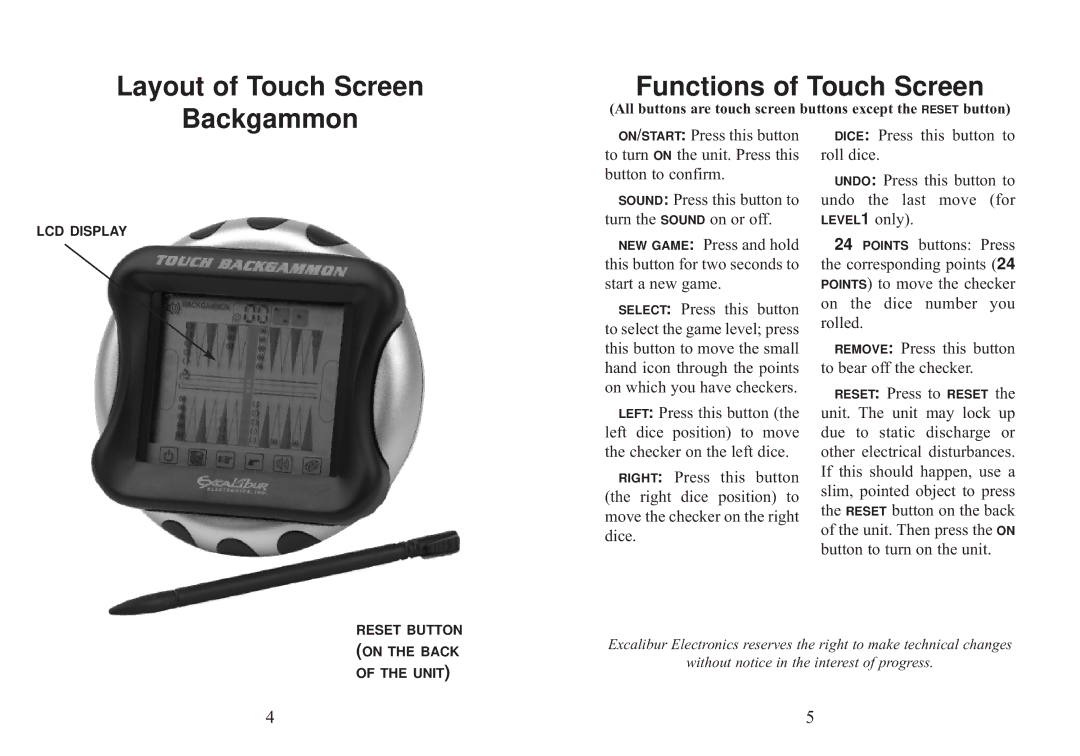 Excalibur electronic 477ET-CS manual Layout of Touch Screen Backgammon, Functions of Touch Screen 