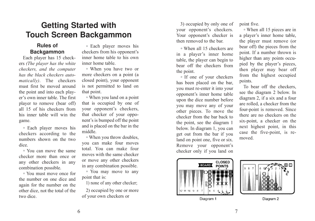 Excalibur electronic 477ET-CS manual Getting Started with Touch Screen Backgammon, Rules 