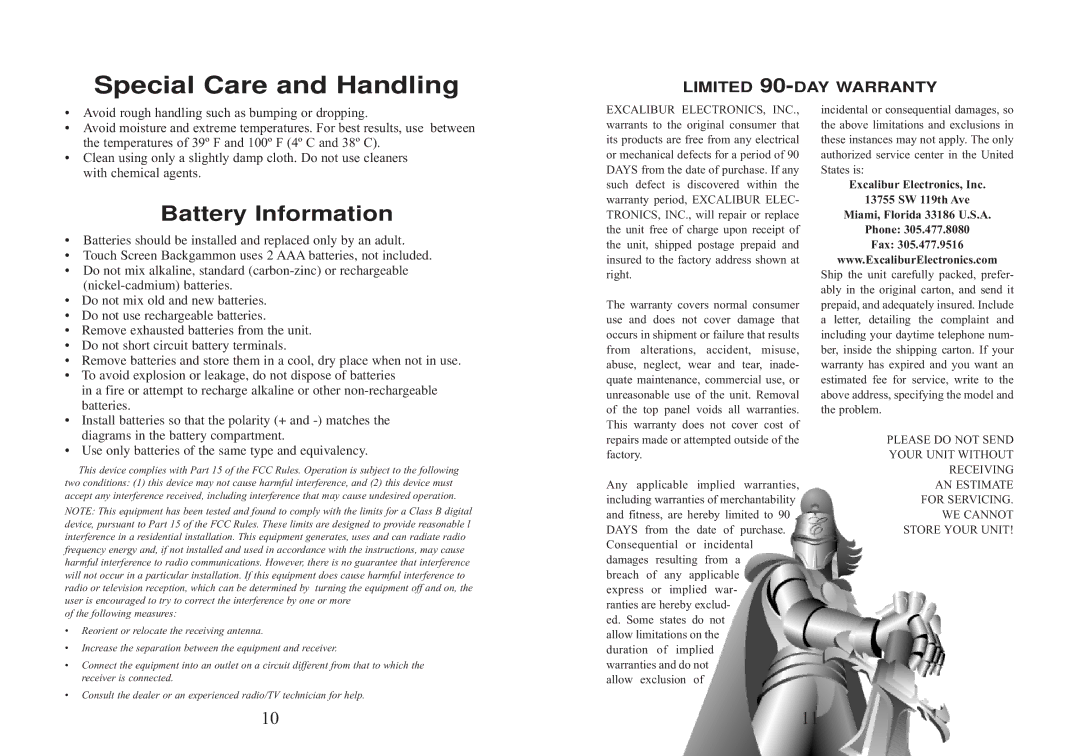 Excalibur electronic 477ET-CS manual Special Care and Handling 