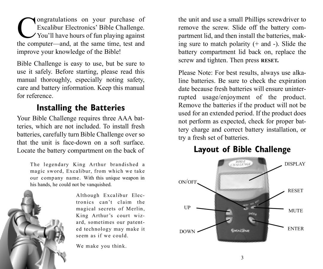 Excalibur electronic 479-SB manual Installing the Batteries, Layout of Bible Challenge 