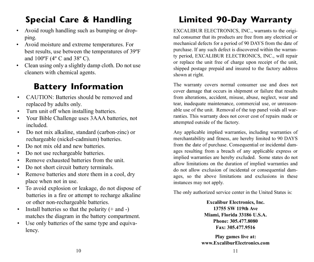 Excalibur electronic 479-SB manual Special Care & Handling, Battery Information, Limited 90-Day Warranty 