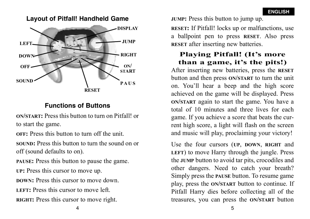 Excalibur electronic 482 manual Layout of Pitfall! Handheld Game, Functions of Buttons 