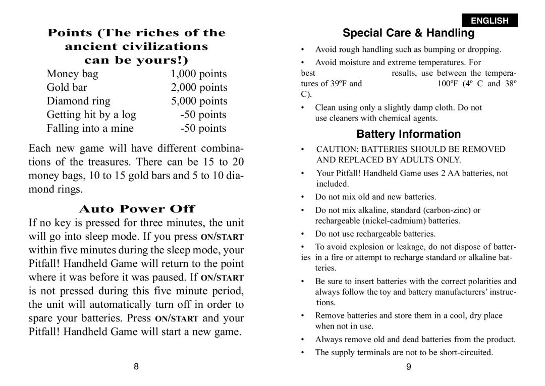 Excalibur electronic 482 manual Special Care & Handling, Battery Information 