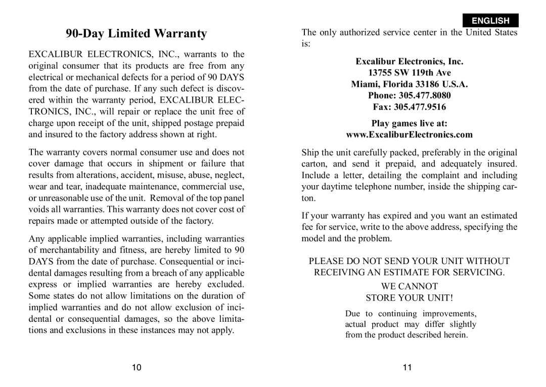 Excalibur electronic 482 manual Day Limited Warranty 