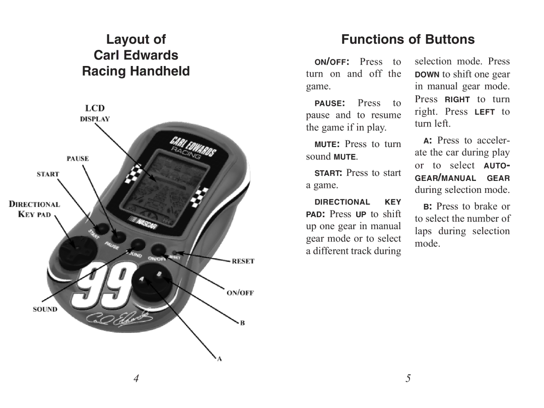 Excalibur electronic 488N Layout Functions of Buttons Carl Edwards Racing Handheld, Press to turnON OFFon and off the game 