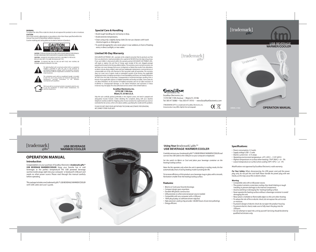 Excalibur electronic 601 manual Special Care & Handling, Limited 90-Day Warranty, Introduction, Features, Specifications 