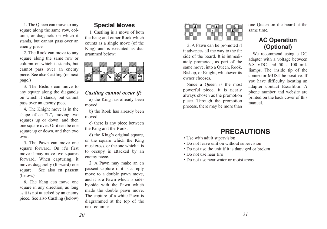 Excalibur electronic 712 manual Special Moves, AC Operation Optional, Castling cannot occur if a the King has already been 