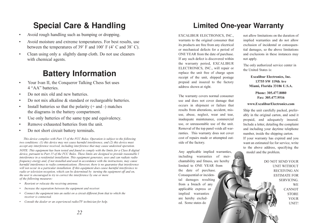 Excalibur electronic 712 manual Special Care & Handling 