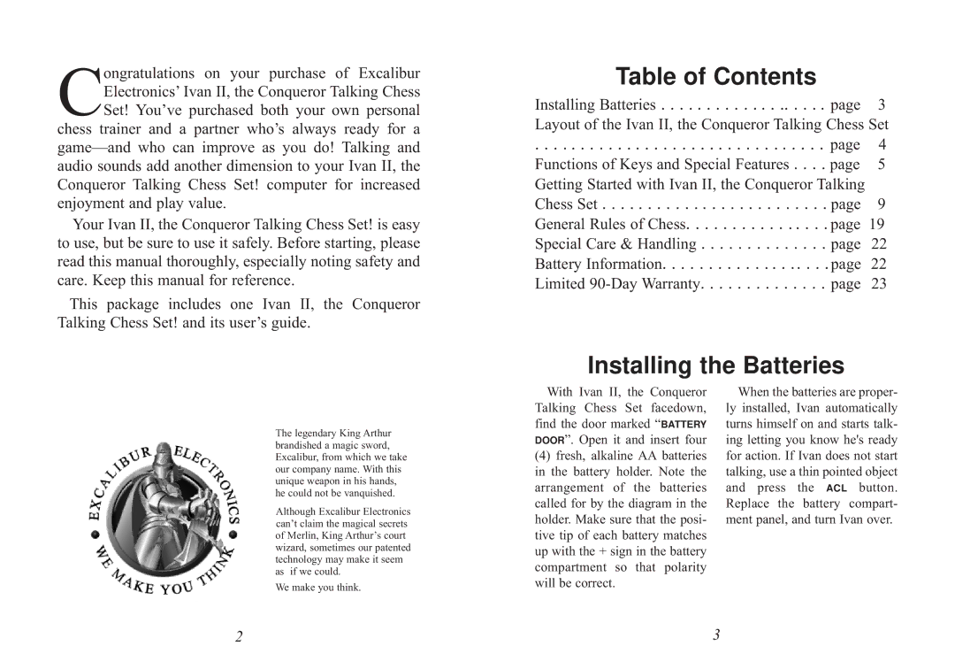 Excalibur electronic 712 manual Table of Contents 