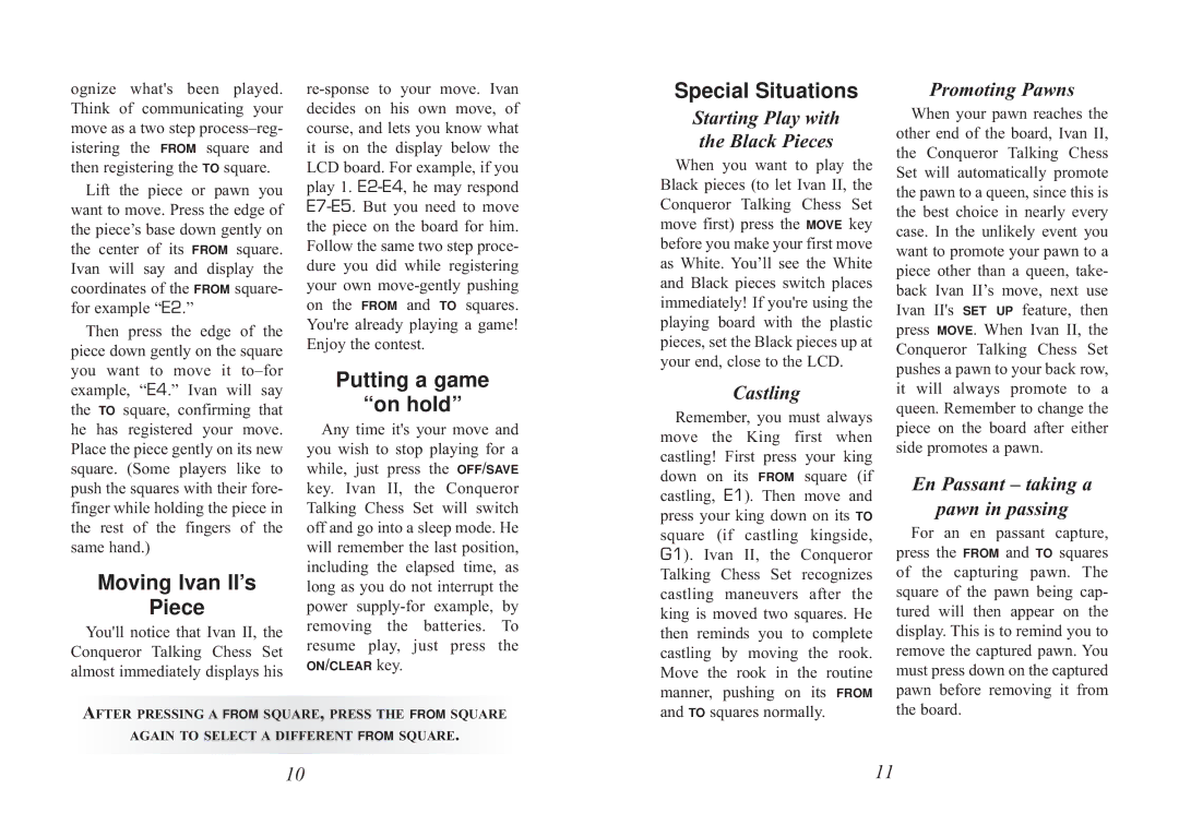 Excalibur electronic 712 manual Moving Ivan II’s Piece, Putting a game On hold, Special Situations, Black Pieces 