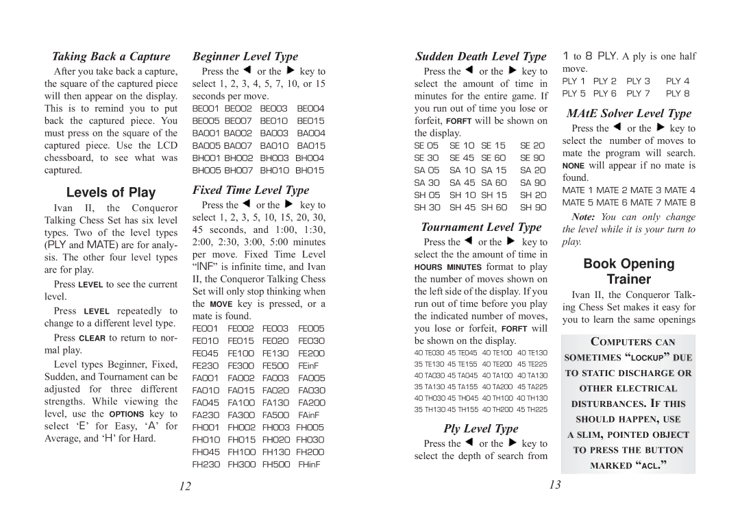 Excalibur electronic 712 manual Levels of Play, Book Opening Trainer 