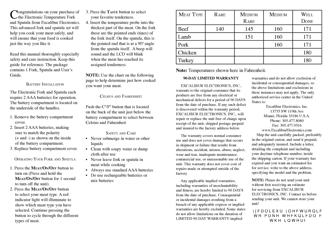 Excalibur electronic 809-1 manual Beef 140 145, 171, Lamb 151, Pork, Chicken 180 Turkey 