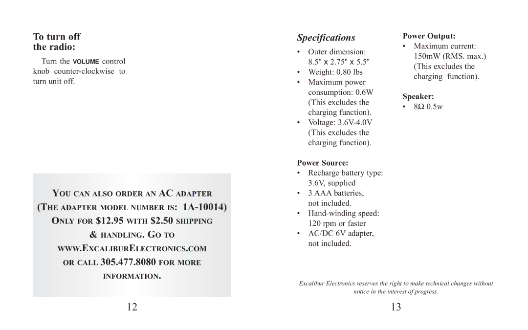 Excalibur electronic 9013 manual Specifications, Power Source, Power Output, Speaker 