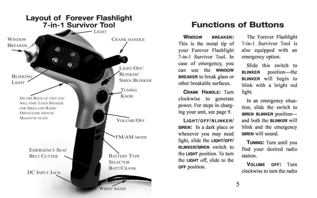 Excalibur electronic 9013 Functions of Buttons, Layout of Forever Flashlight, 7-in-1Survivor Tool, whenever you may need 