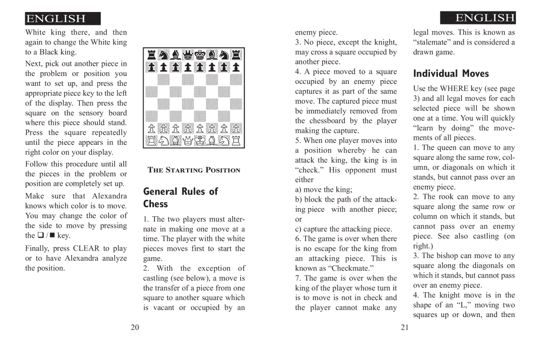 Excalibur electronic 908-EFG manual General Rules Chess, Individual Moves, Starting Position 