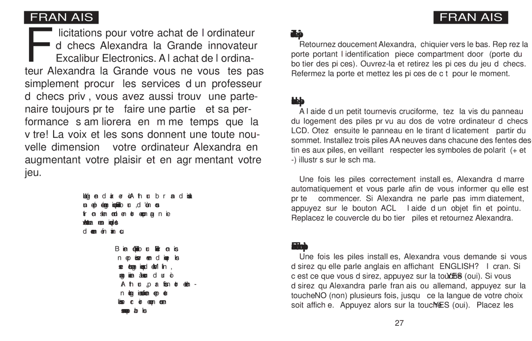 Excalibur electronic 908-EFG manual Trouver les pièces, Installer les piles, Entamez immédiatement une partie 