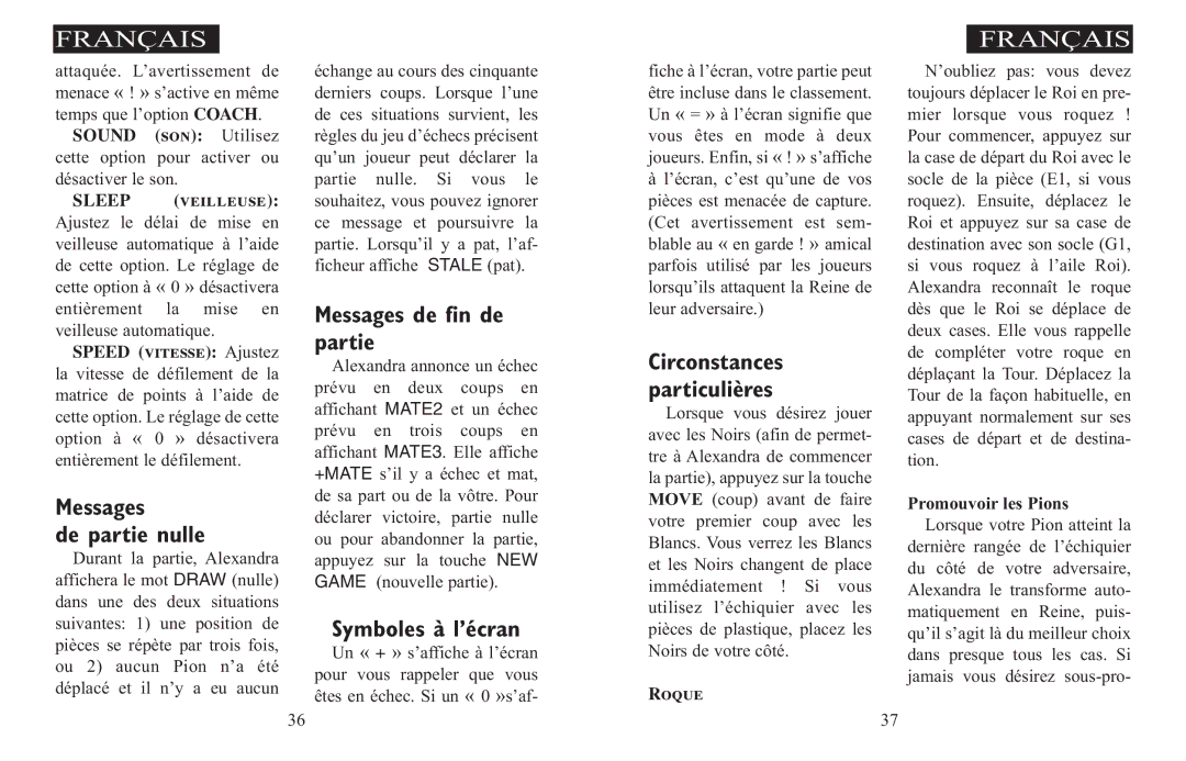 Excalibur electronic 908-EFG Messages de fin de, Partie, De partie nulle, Symboles à l’écran, Circonstances Particulières 