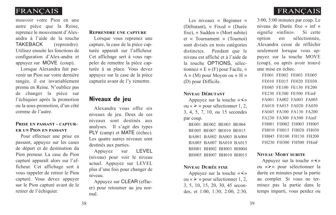 Excalibur electronic 908-EFG manual Niveaux de jeu, Reprendre une capture Lorsque vous reprenez une 