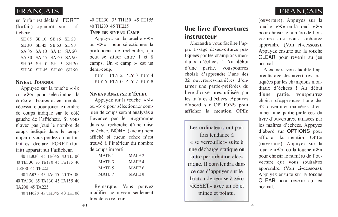 Excalibur electronic 908-EFG manual Une livre d’ouvertures Instructeur, Niveau Analyse d’échec 