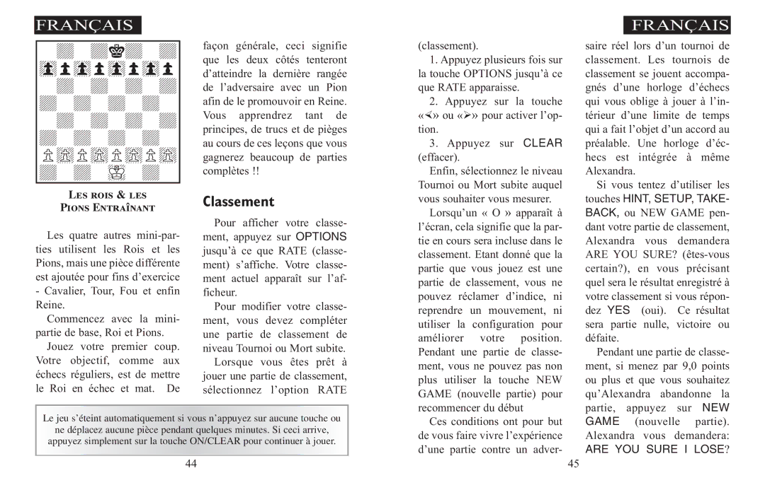 Excalibur electronic 908-EFG manual Classement, Les rois & les Pions Entraînant 