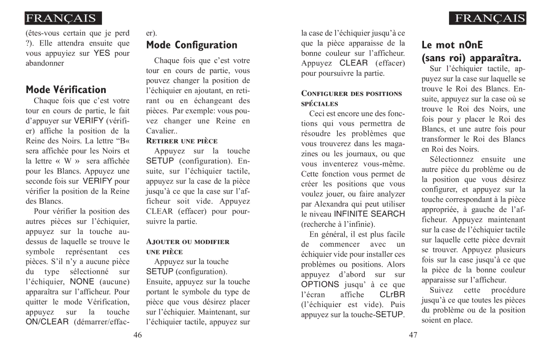 Excalibur electronic 908-EFG manual Mode Vérification, Mode Configuration, Le mot nOnE Sans roi apparaîtra 