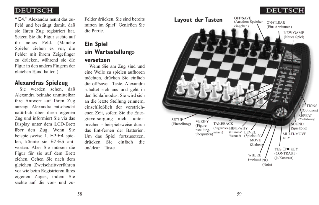 Excalibur electronic 908-EFG manual Alexandras Spielzug, Ein Spiel «in Wartestellung» Versetzen, Layout der Tasten 