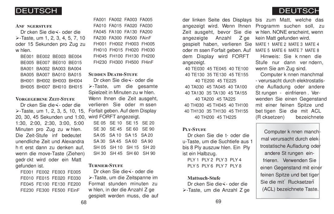 Excalibur electronic 908-EFG manual Vorgegebene Zeit-Stufe, Sudden Death-Stufe, Turnier-Stufe, Ply-Stufe 