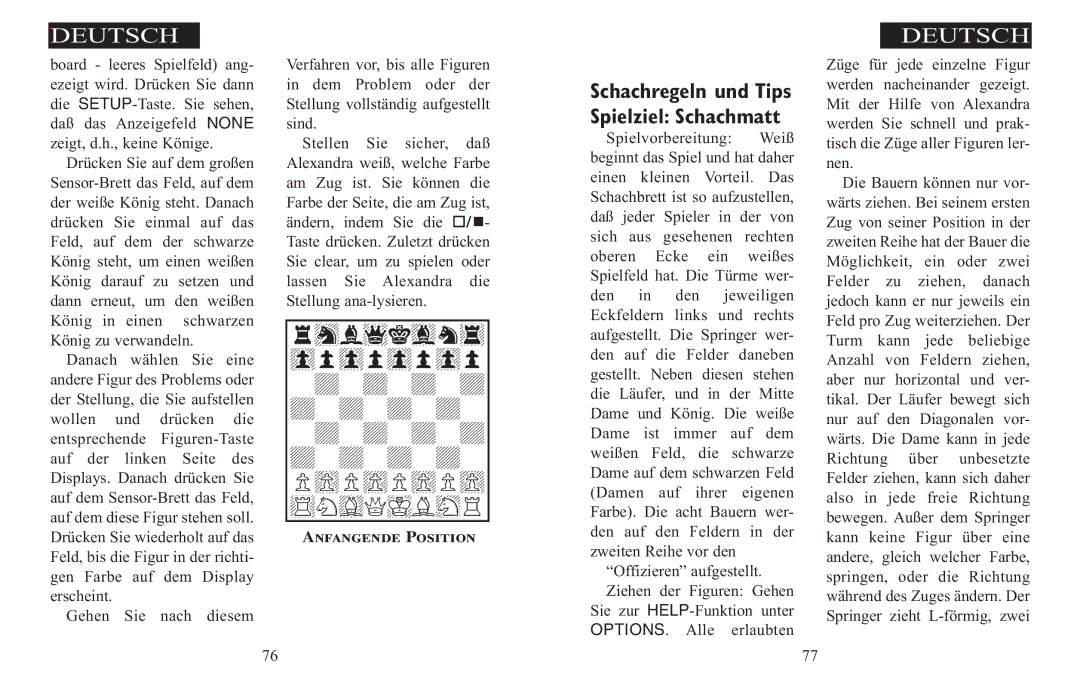 Excalibur electronic 908-EFG manual Schachregeln und Tips Spielziel Schachmatt, Anfangende Position 