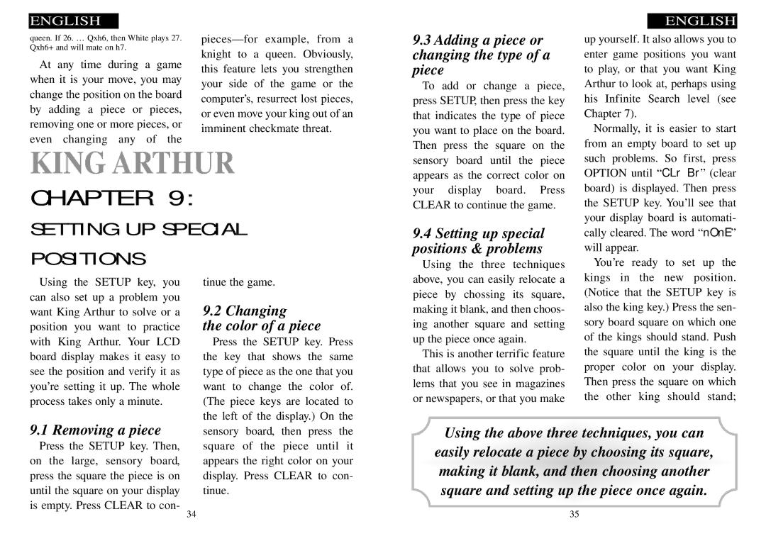 Excalibur electronic 915-3 Setting UP Special Positions, Adding a piece or changing the type of a piece, Removing a piece 